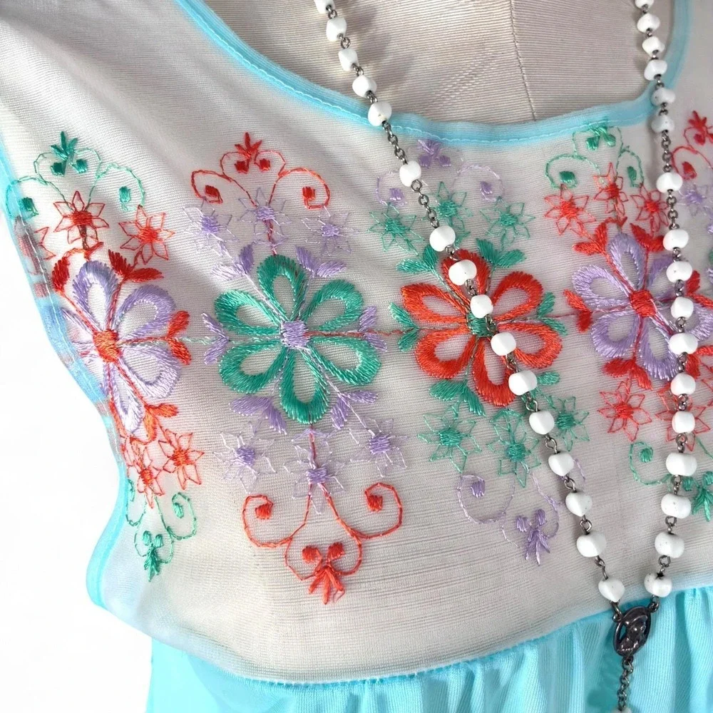 Vintage 60s Mod Babydoll‎ Nightie Pastel Blue Embroidered Floral Mini Slip S - Picture 2 of 6